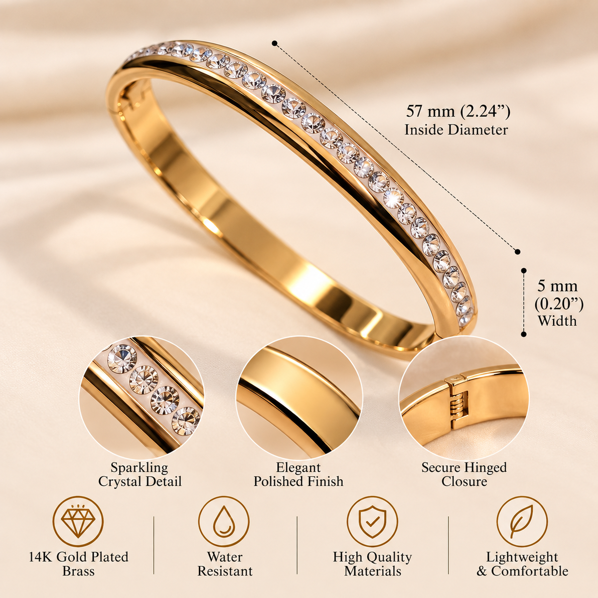 14K Gold Plated Crystal Bangle Bracelet