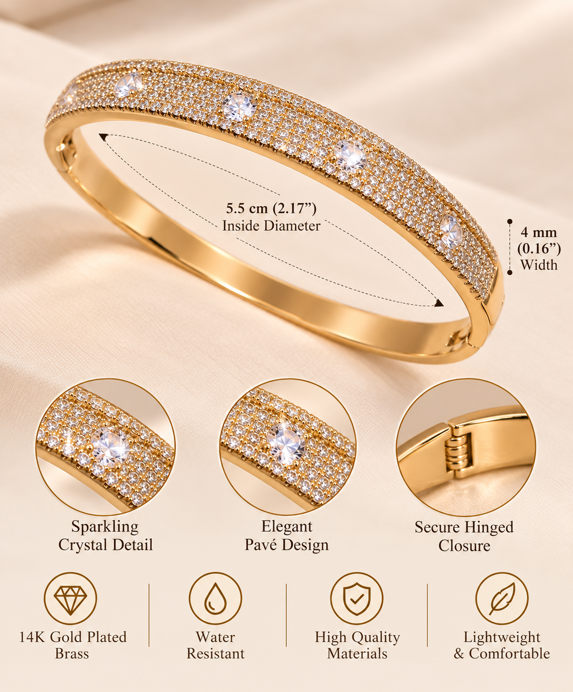 14K Gold Plated Crystal Bangle – Sparkling Pavé Design