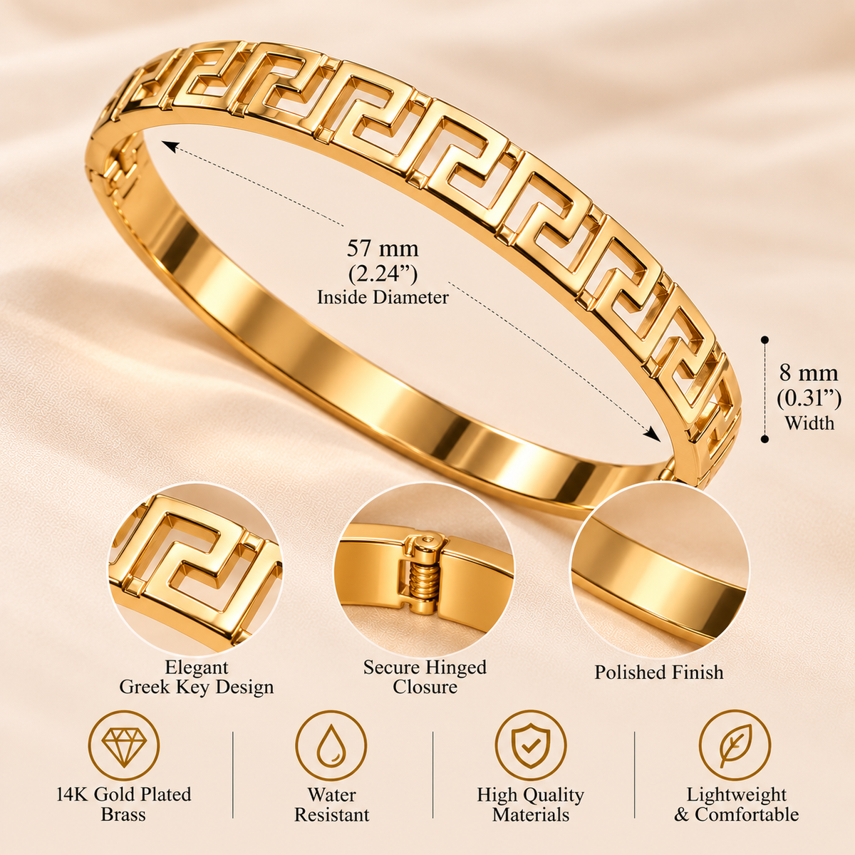 14K Gold Plated Greek Key Bangle Bracelet