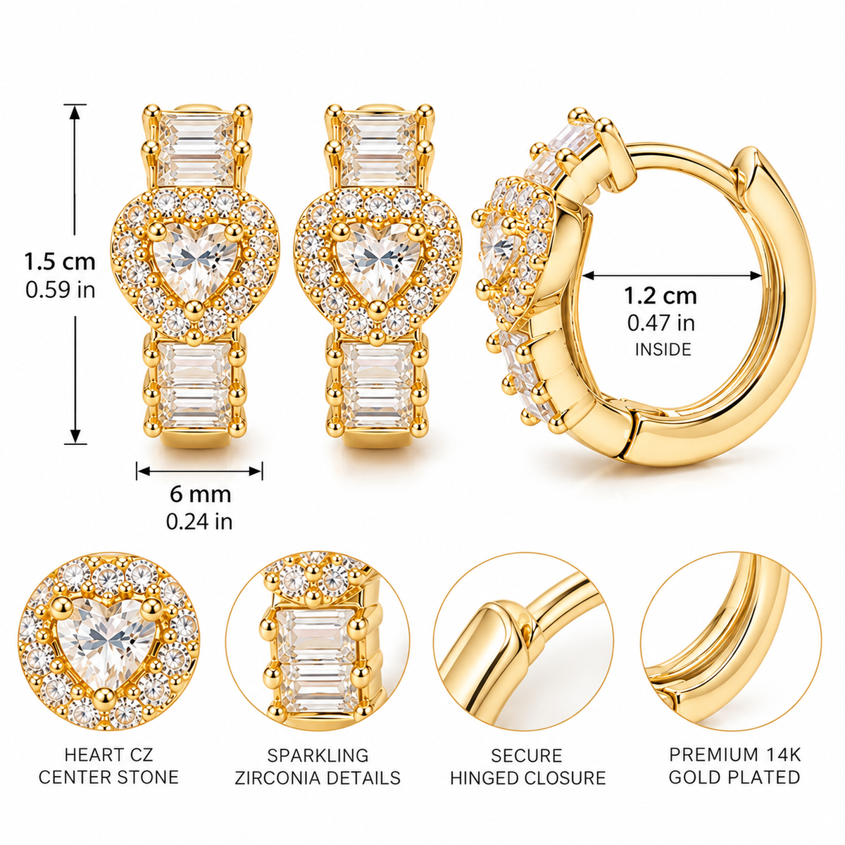 14K Gold Plated Heart Crystal Huggie Earrings