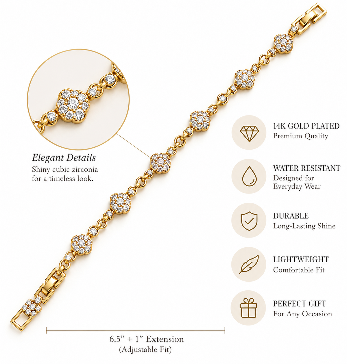14K Gold Plated Pavé Flower Bracelet