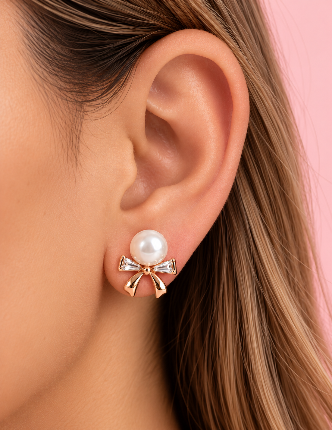 18K Rose Gold Plated Pearl Bow Stud Earrings