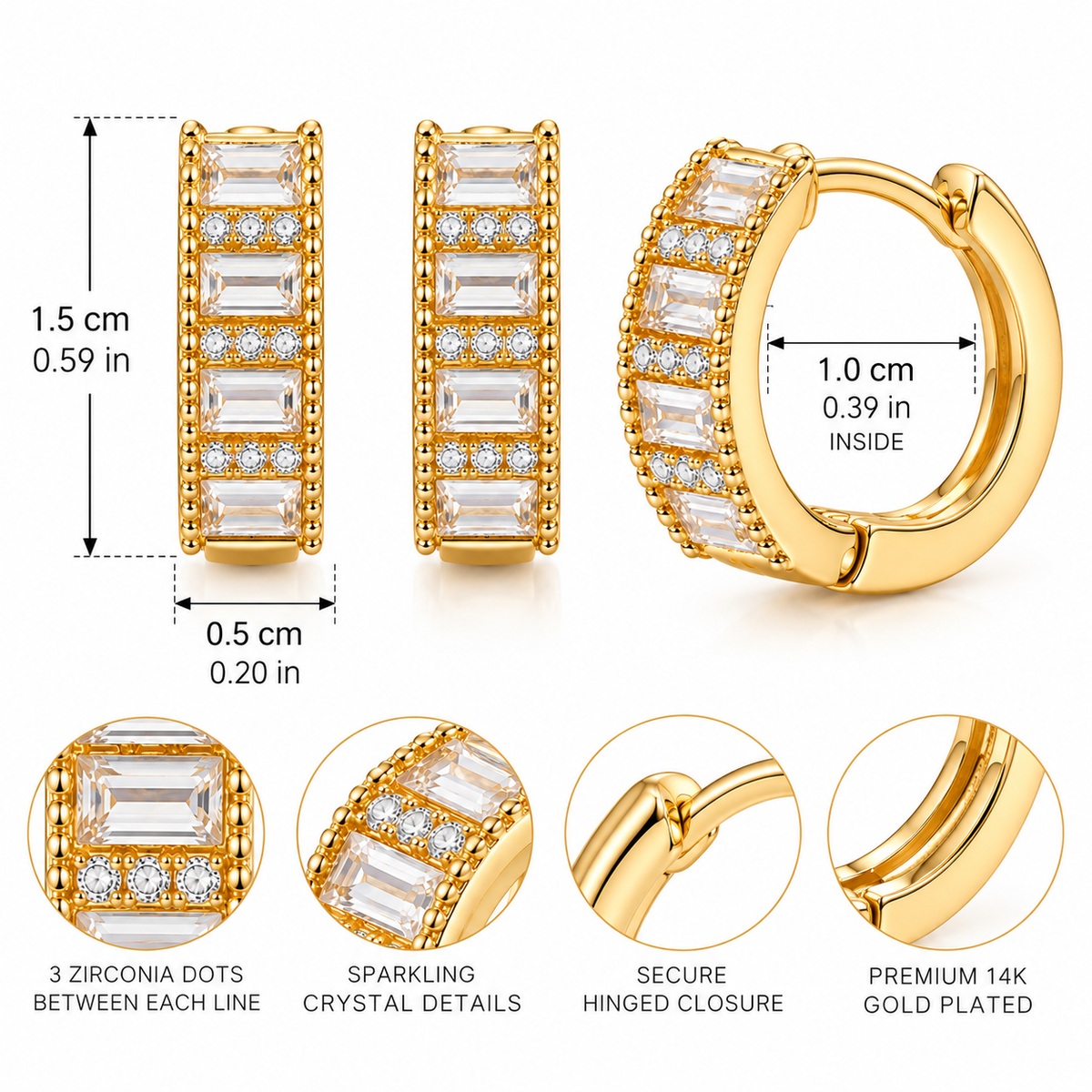 14K Gold Plated Baguette Crystal Huggie Earrings