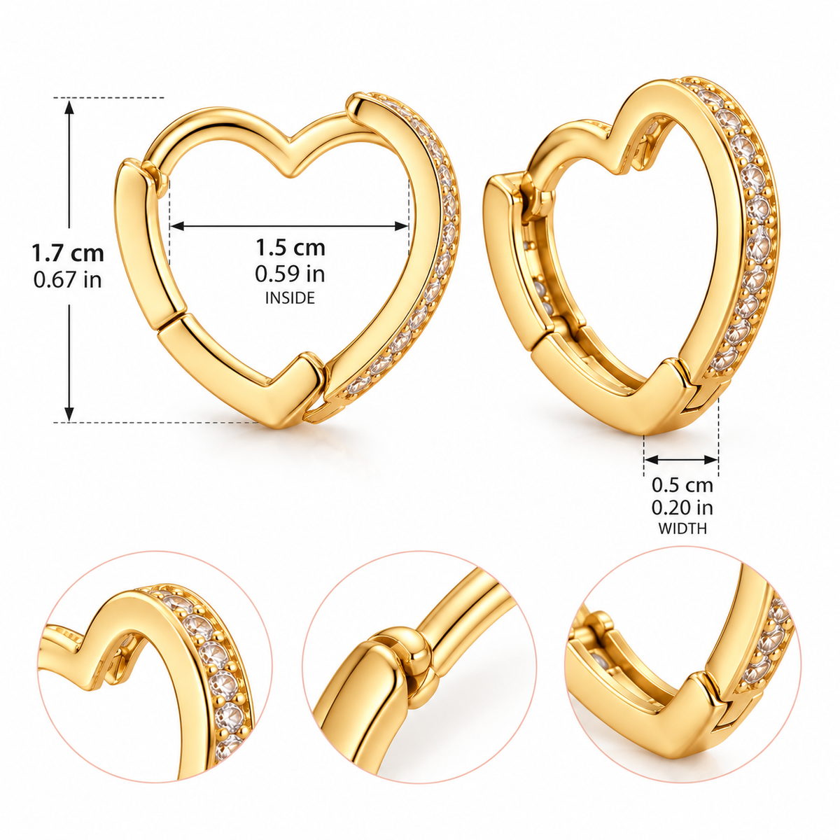 14K Gold Plated Crystal Heart Hoop Earrings