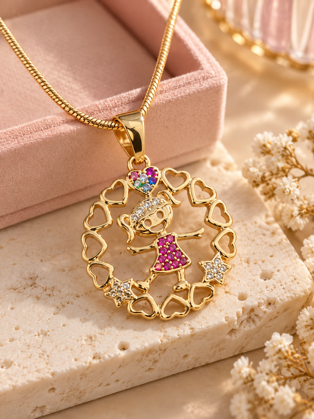 Boy & Girl Pendant Necklace – 14K Gold Plated Heart Charms