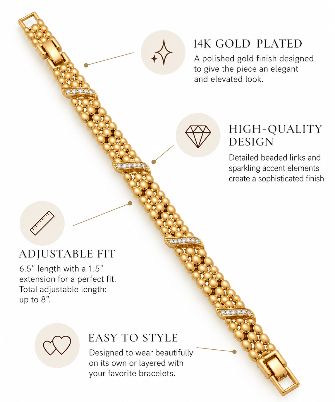 14K Gold Plated Beaded Link Bracelet with Pavé Accents
