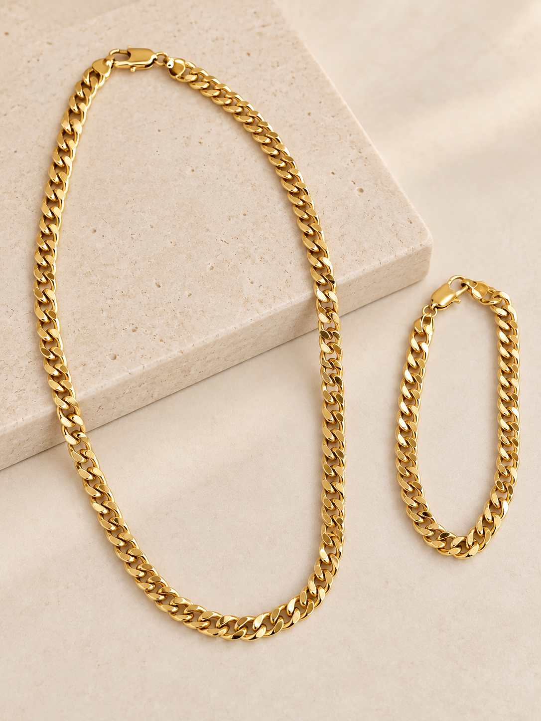 Classic Cuban Link Necklace & Bracelet Set – 14K Gold Plated