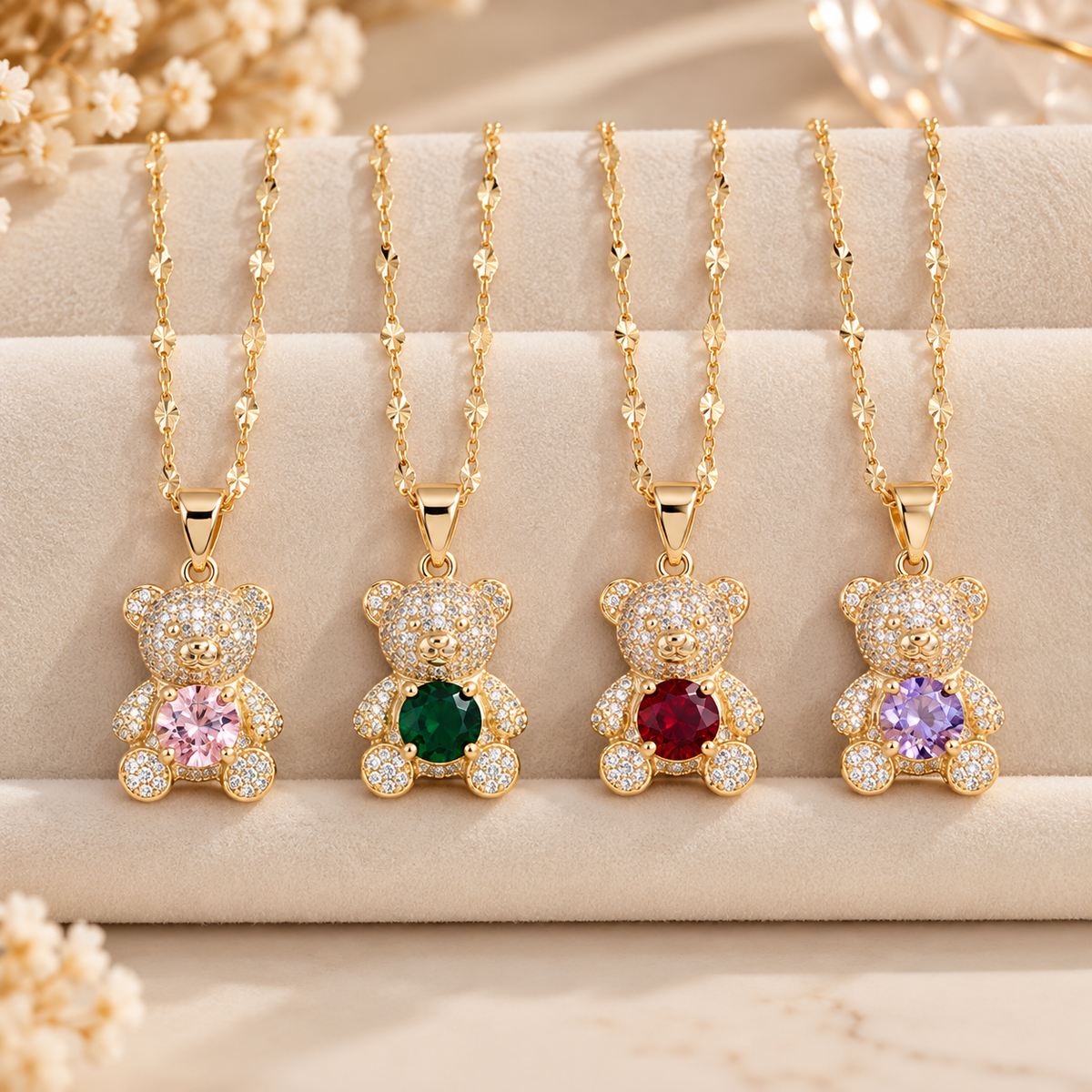 Crystal Teddy Bear Necklace – 14K Gold Plated
