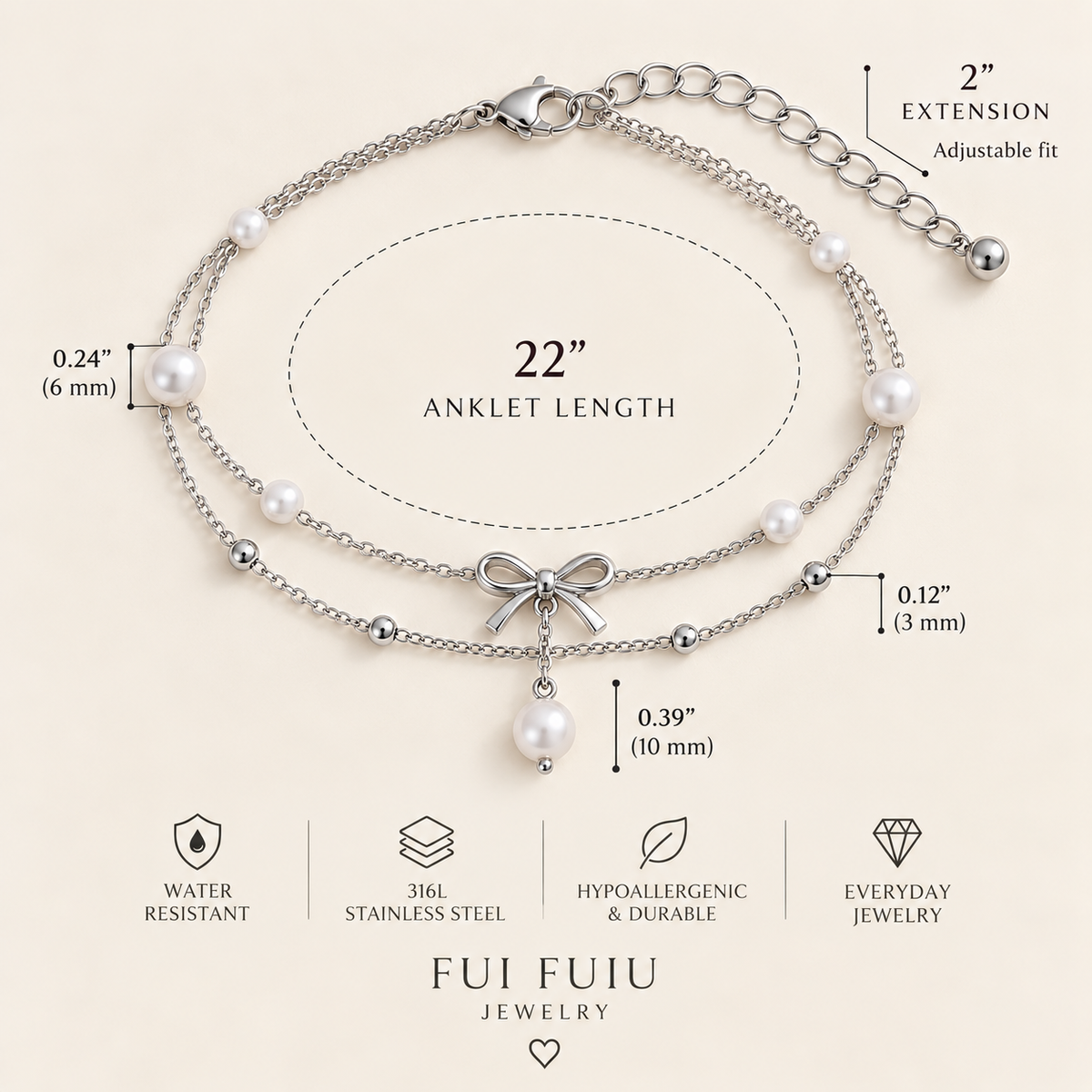 Silver Pearl Bow Charm Anklet | 316L Stainless Steel