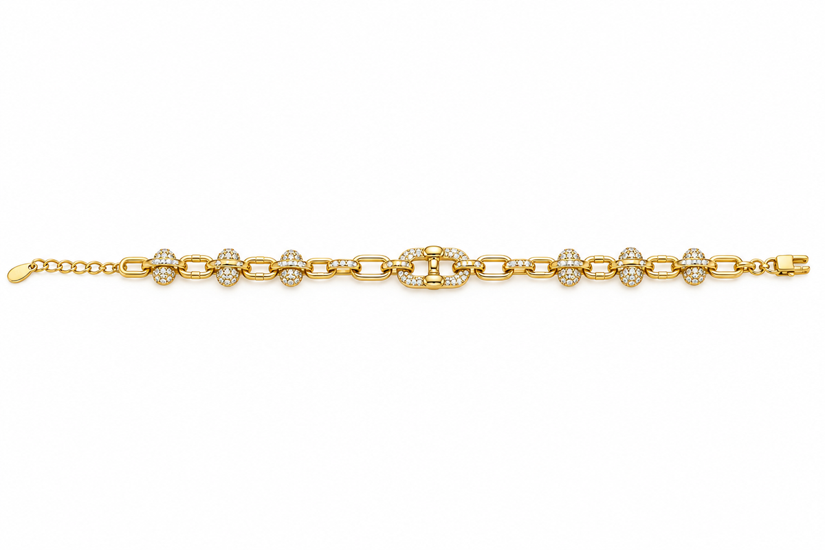 14K Gold Plated Link Bracelet with CZ Accents – Adjustable