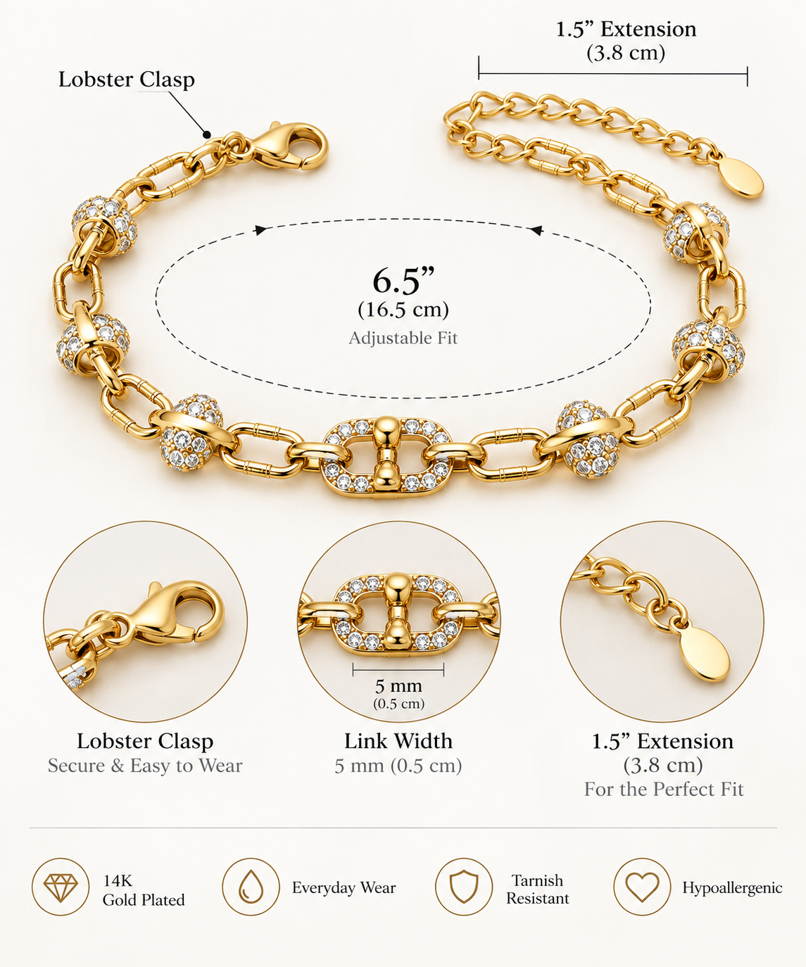 14K Gold Plated Link Bracelet with CZ Accents – Adjustable