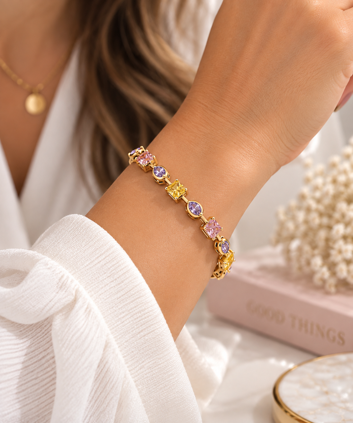 14K Gold Plated Multicolor Link Bracelet with Double Clasp