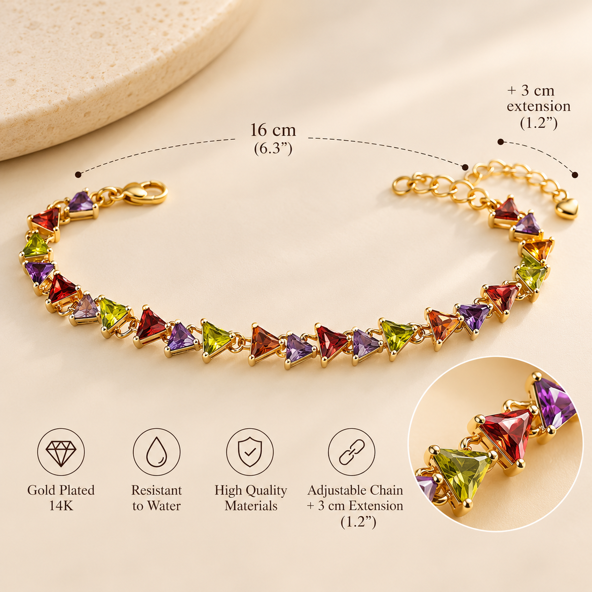 Colorful 14K Gold Plated Bracelet – Purple, Burgundy & Green