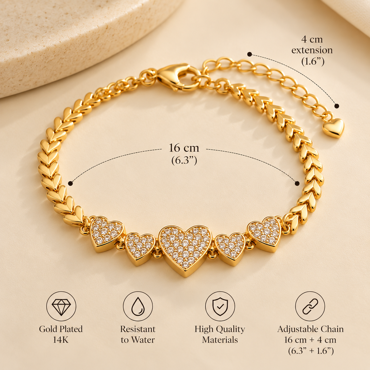 14K Gold Plated Heart Bracelet – Pavé Heart & Leaf Chain