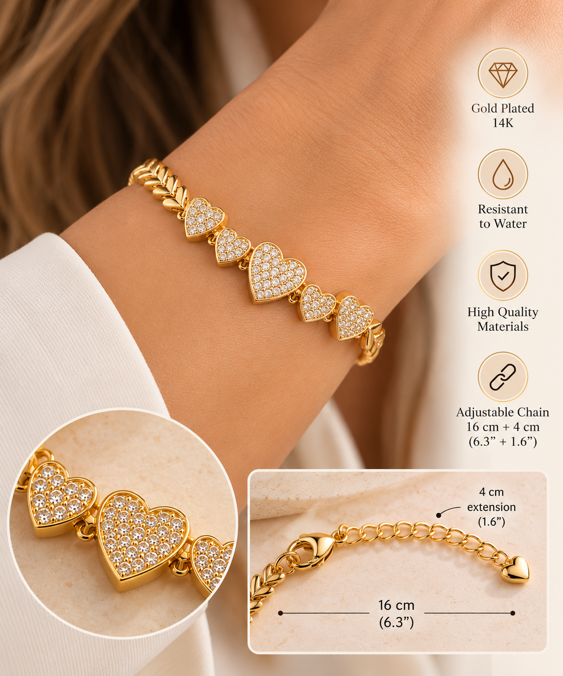 14K Gold Plated Heart Bracelet – Pavé Heart & Leaf Chain