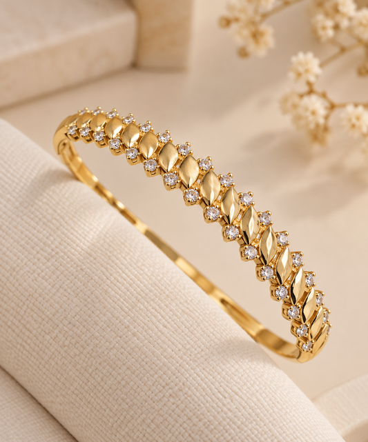 14K Gold Plated Bangle – Leaf & Crystal Design