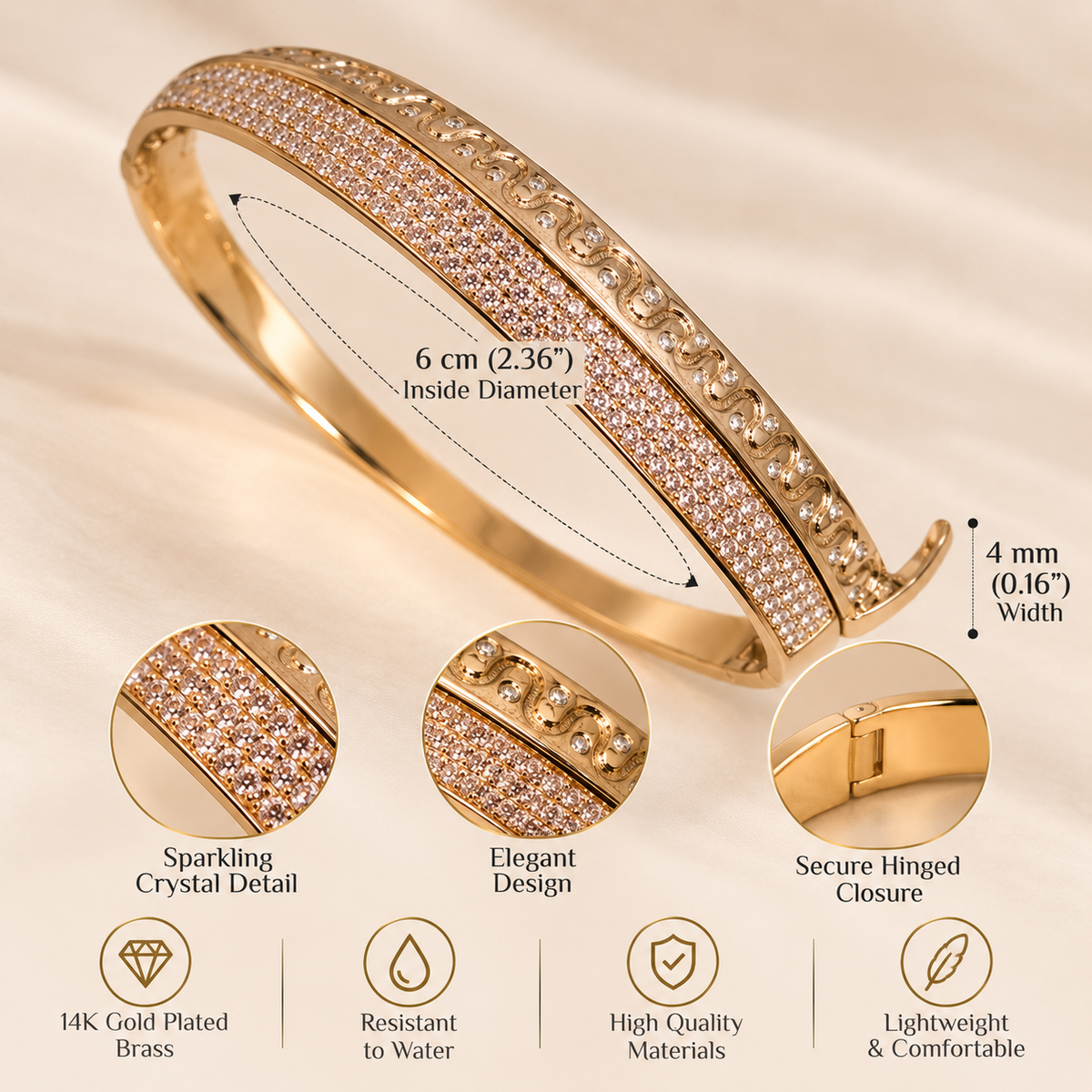 14K Gold Plated Crystal Bangle – Elegant Sparkling Design