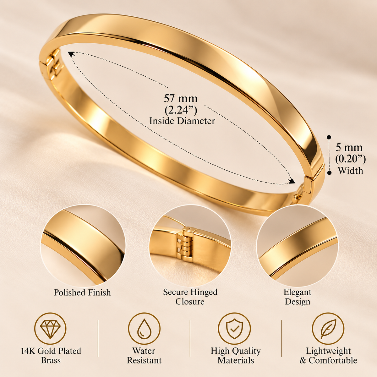 14K Gold Plated Bangle Bracelet – Classic Polished Gold