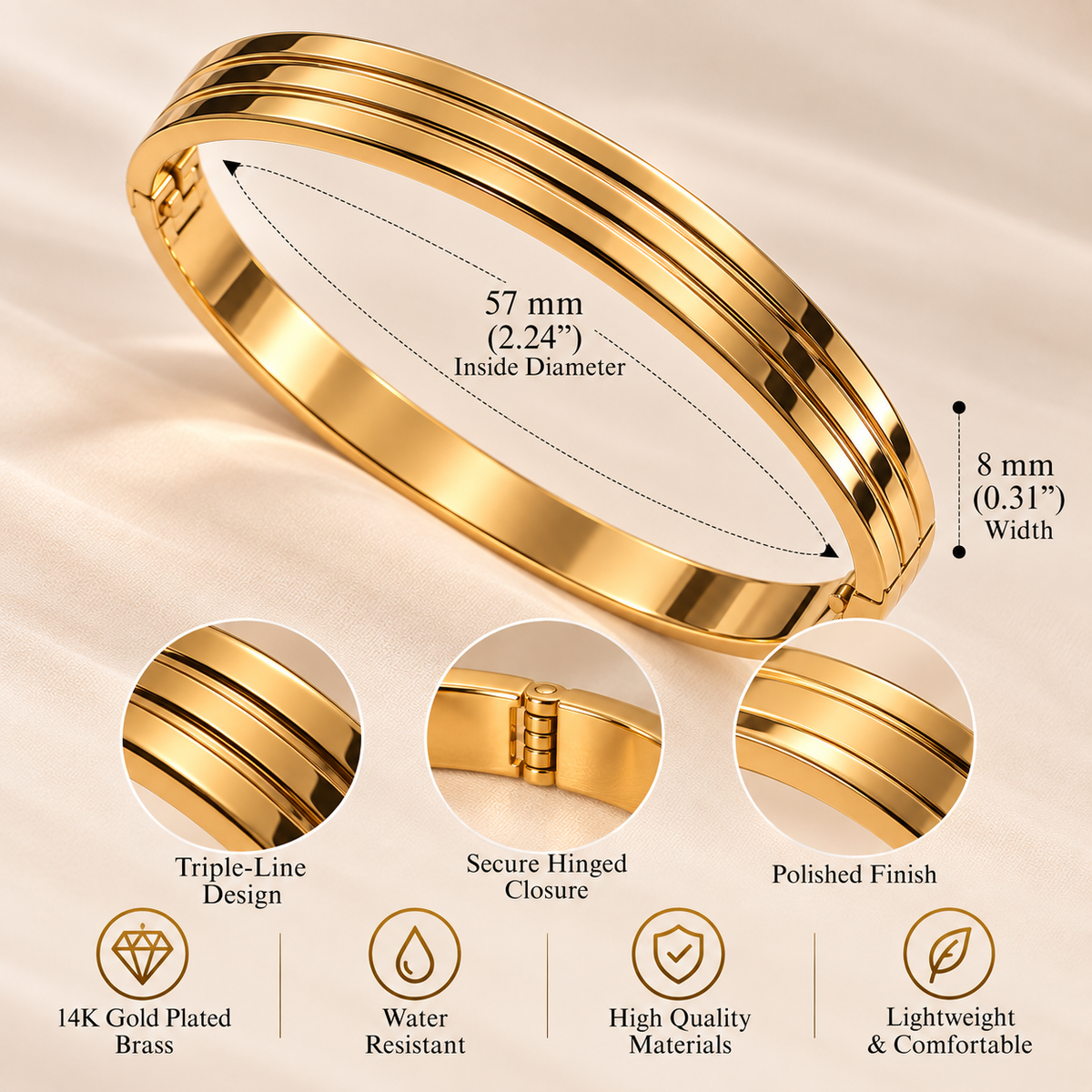 14K Gold Plated Triple-Line Bangle Bracelet
