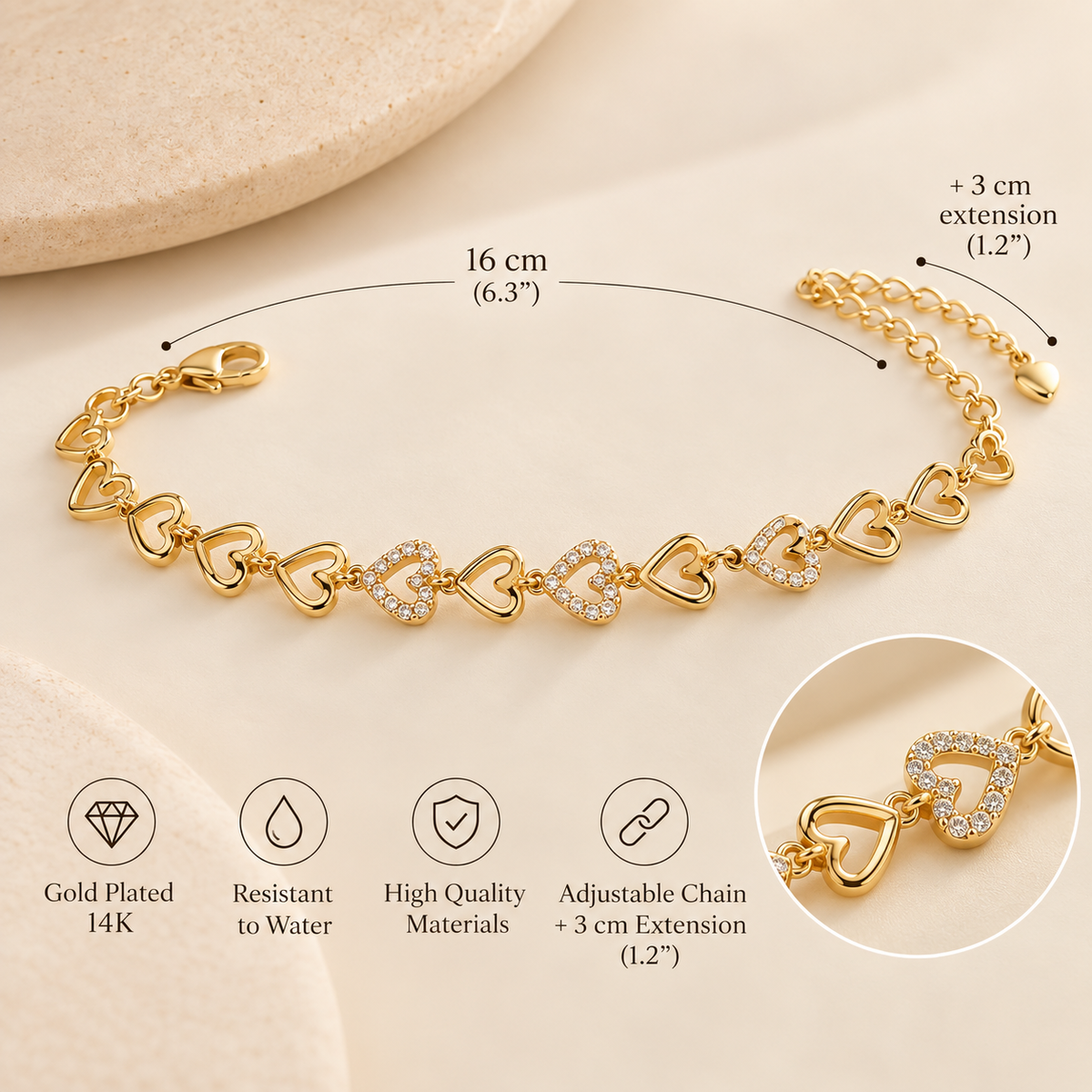 14K Gold Plated Heart Link Bracelet – Water Resistant