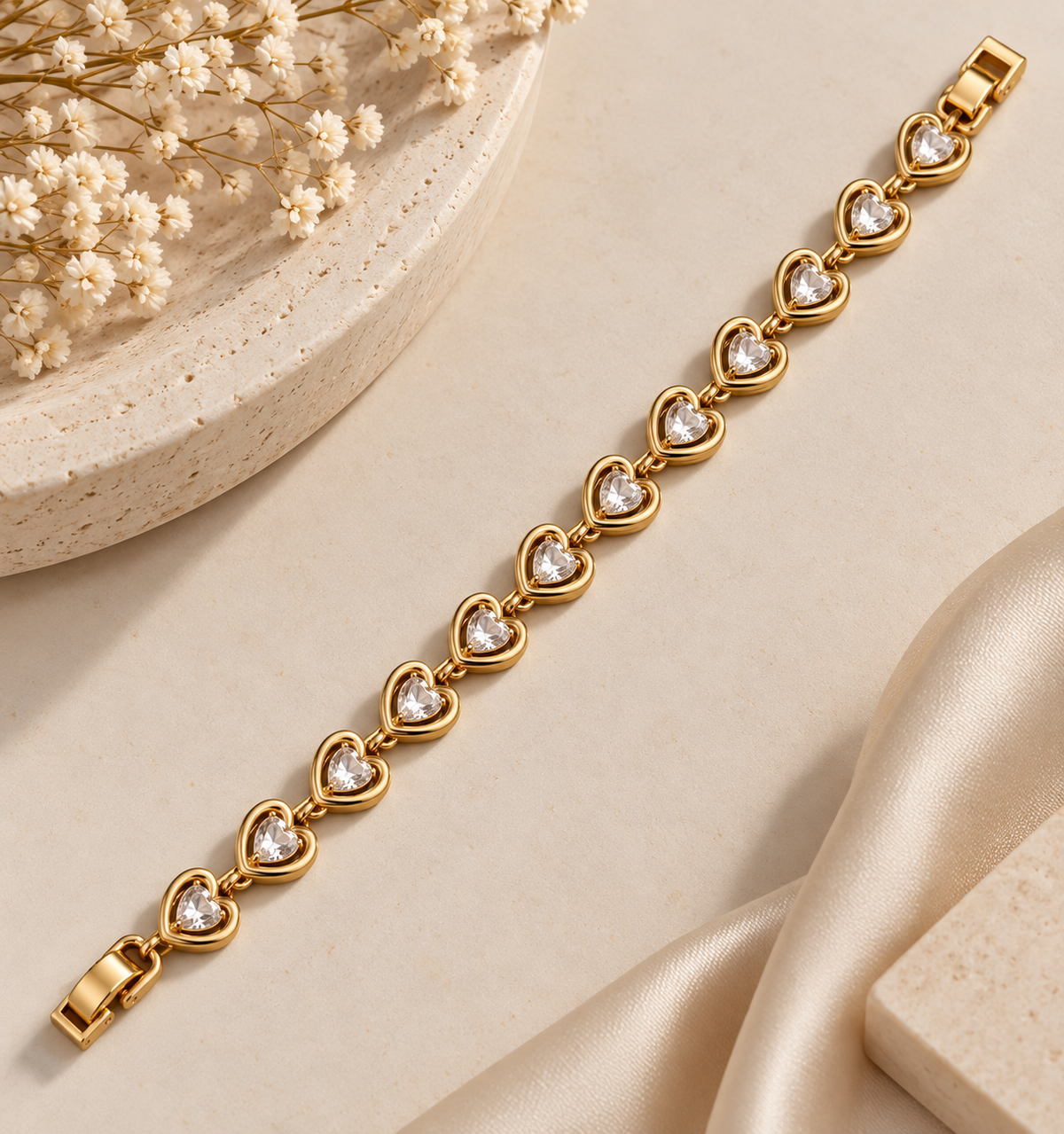 14K Gold Plated Heart Crystal Link Bracelet
