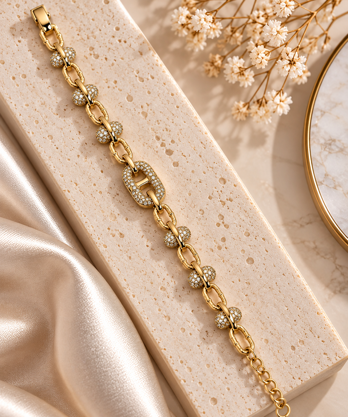 14K Gold Plated Link Bracelet with CZ Accents – Adjustable