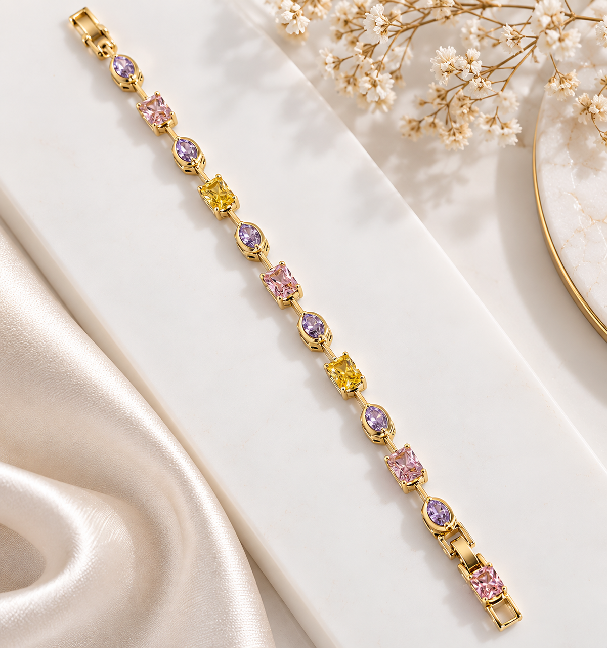 14K Gold Plated Multicolor Link Bracelet with Double Clasp