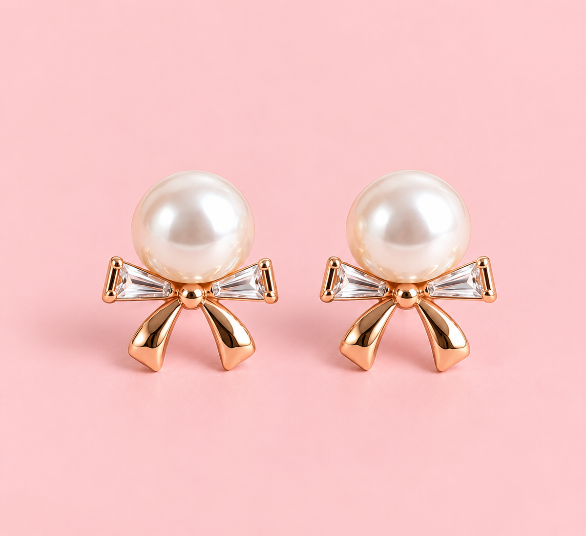 18K Rose Gold Plated Pearl Bow Stud Earrings