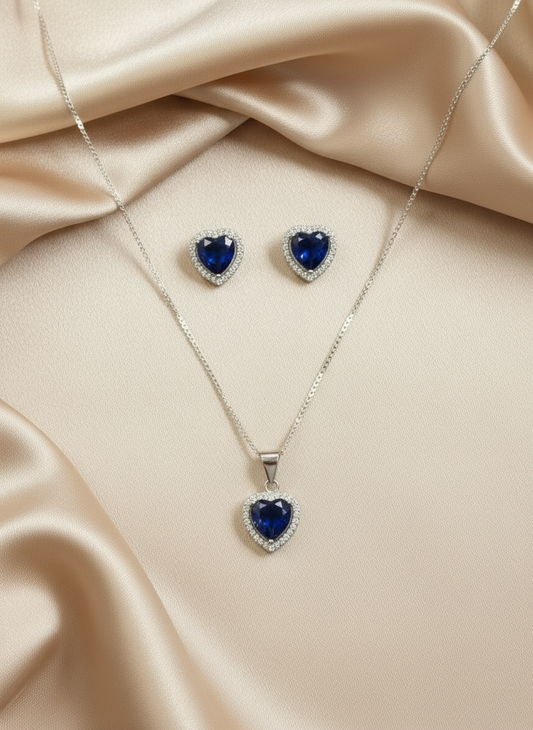 Blue, green, red, clear heart sterling silver 925 plata set aretes studs y cadena con dije de corazon negro rosa verde necklaces and earrings - Fui Fuiu Jewelry