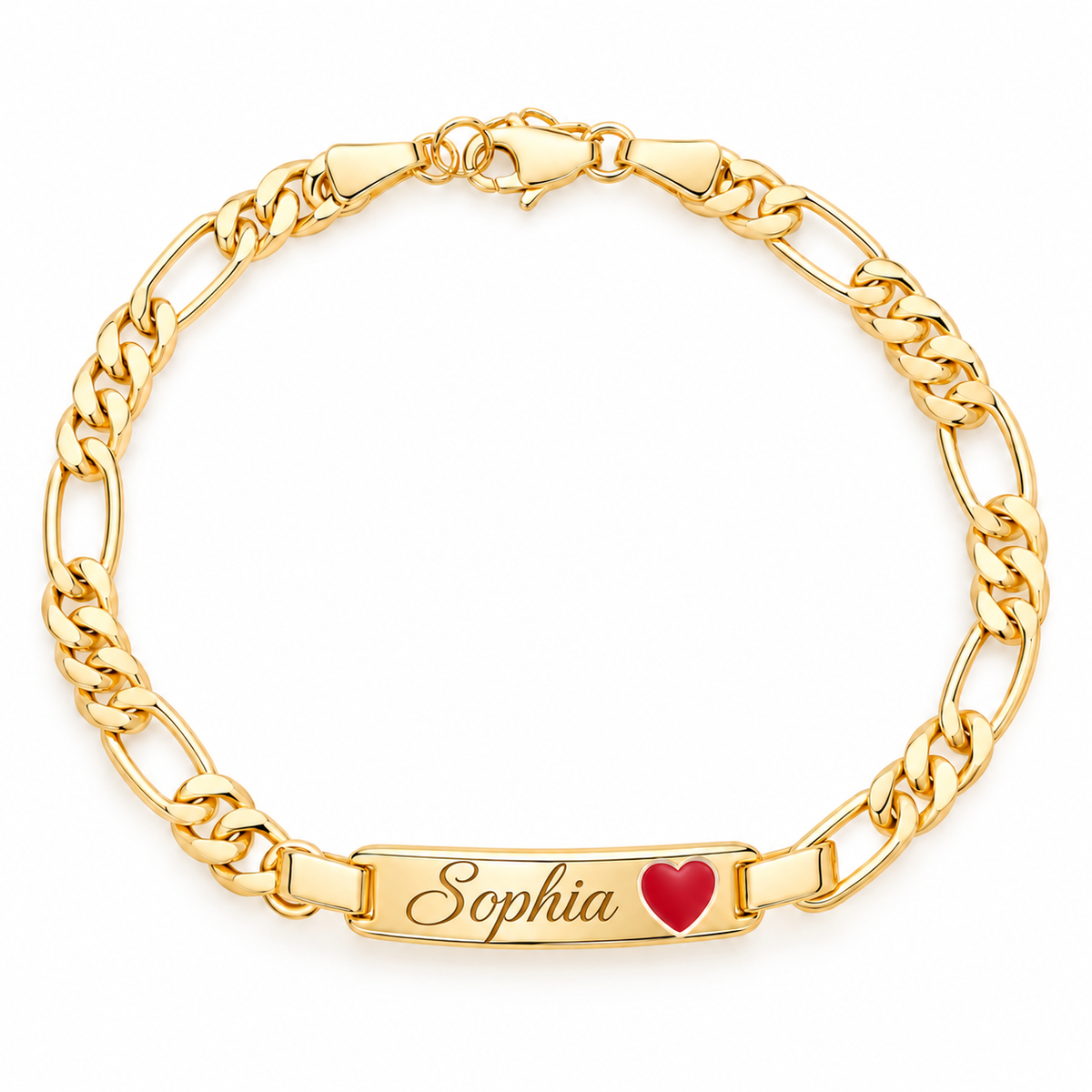 Personalized Kids Gold Figaro ID Bracelet with Red Heart – 6 Inch