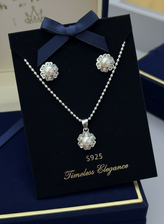 Set flower and pearl sterling silver 925 plata aretes studs y cadena de flor con perla - Fui Fuiu Jewelry