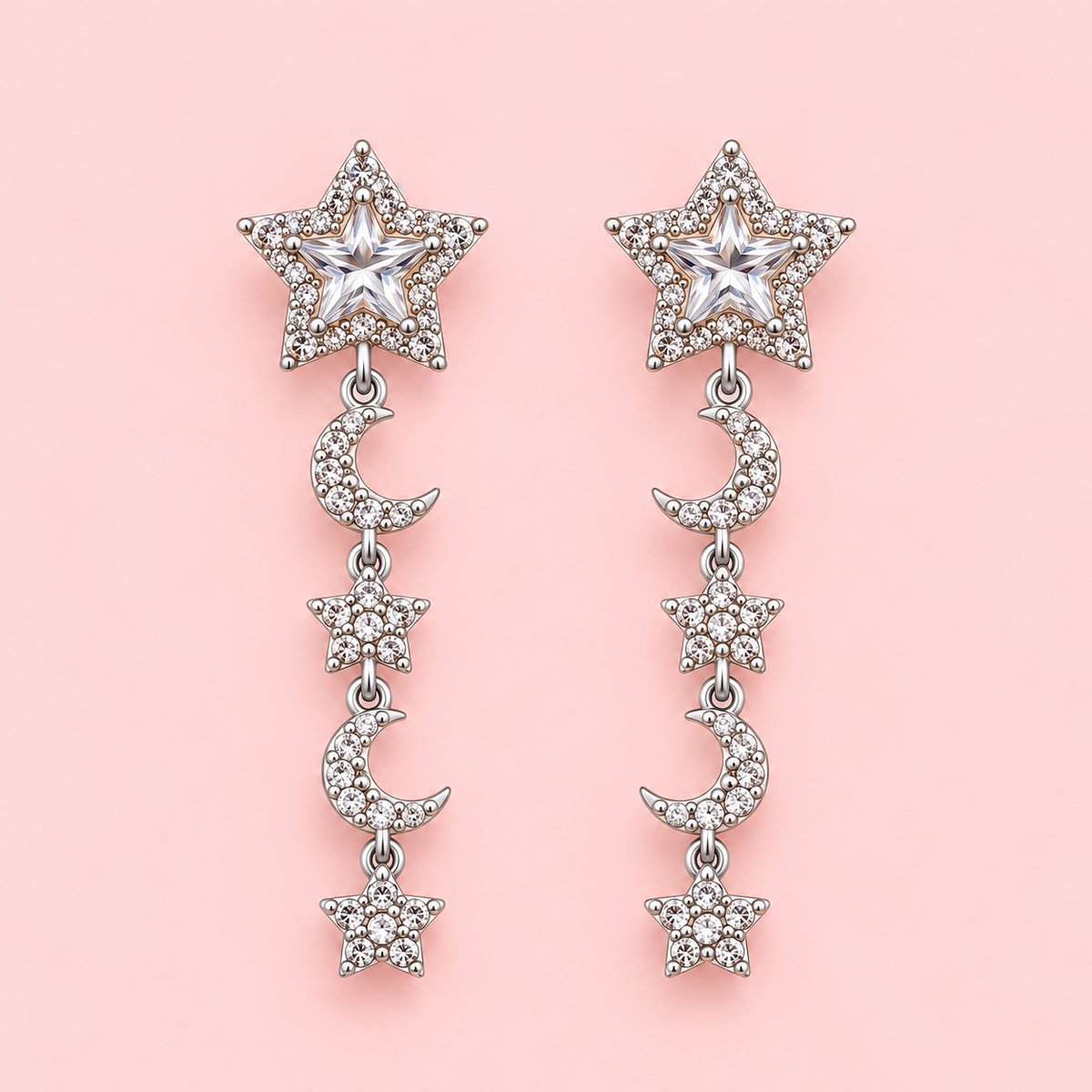 Crystal Star & Moon Drop Earrings – 14K Gold Plated