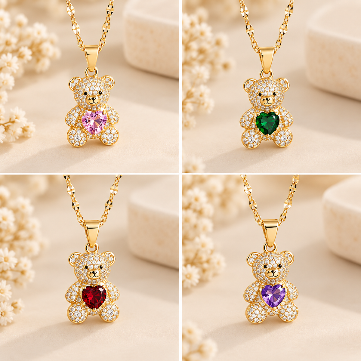 Crystal Teddy Bear Necklace – 14K Gold Plated