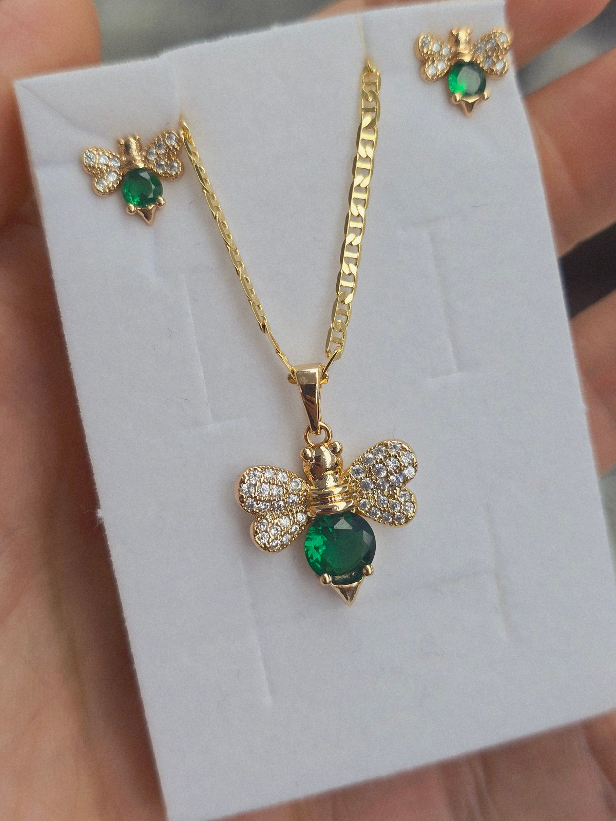 Set Bee Gold Filled 14K Oro 14K set de abejas de colores aretes y cadena necklace and earrings - Fui Fuiu Jewelry