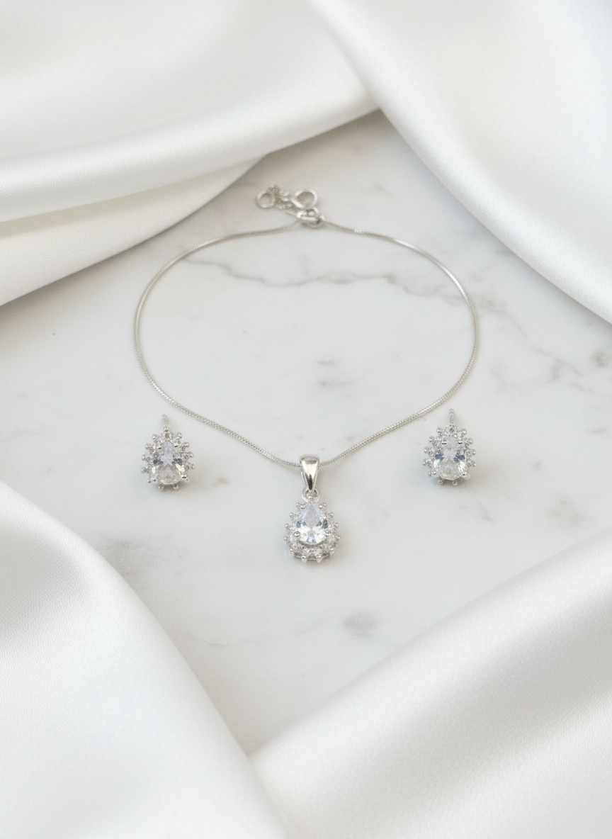 Set 925 sterling silver gemstone small necklace pendant and earrings cadena dije y aretes con piedra - Fui Fuiu Jewelry