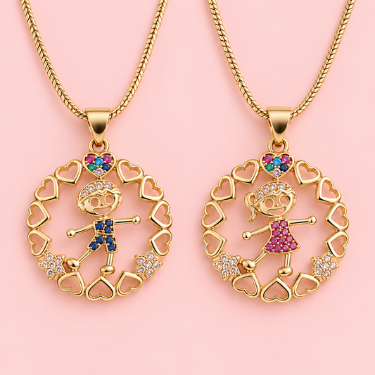 Boy & Girl Pendant  Necklace – 14K Gold Plated Heart Charms