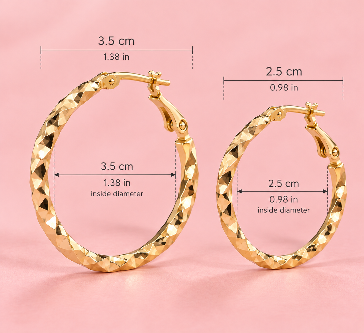 14K Gold Plated Diamond-Cut Hoop Earrings – 2 Sizes