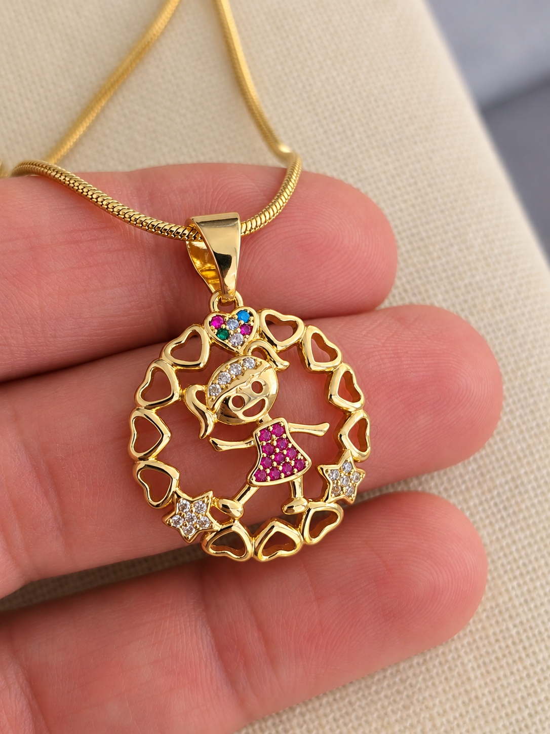 Boy & Girl Pendant  Necklace – 14K Gold Plated Heart Charms