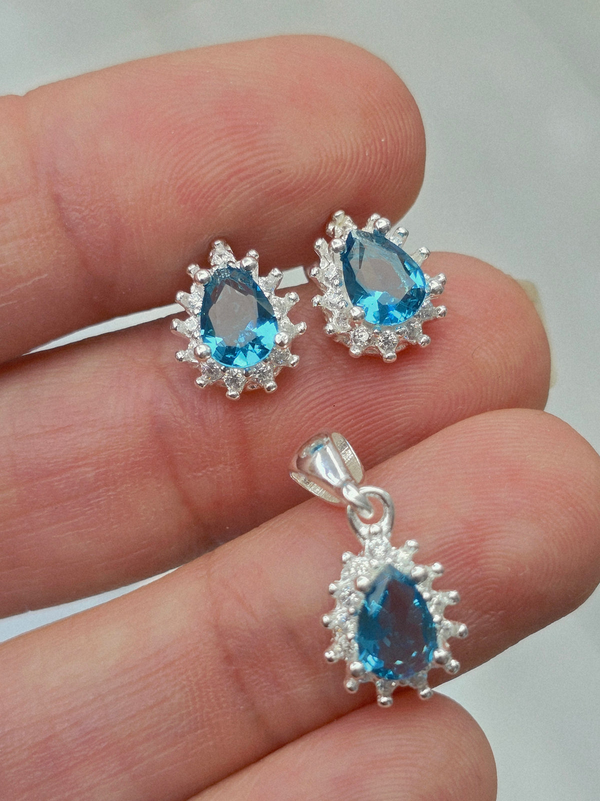 Set 925 sterling silver gemstone small necklace pendant and earrings cadena dije y aretes con piedra - Fui Fuiu Jewelry