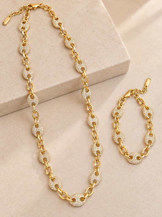 14K Gold Plated Pavé Link Jewelry Set – Necklace & Bracelet