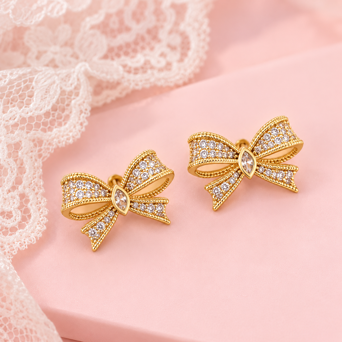 Crystal Bow Stud Earrings – 14K Gold Plated