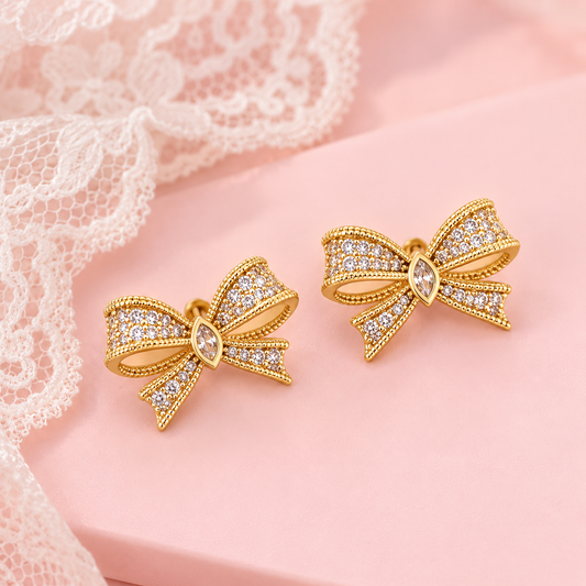 Crystal Bow Stud Earrings – 14K Gold Plated
