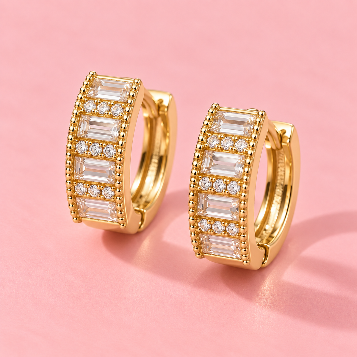 14K Gold Plated Baguette Crystal Huggie Earrings