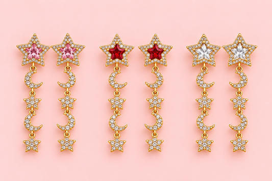 Crystal Star & Moon Drop Earrings – 14K Gold Plated