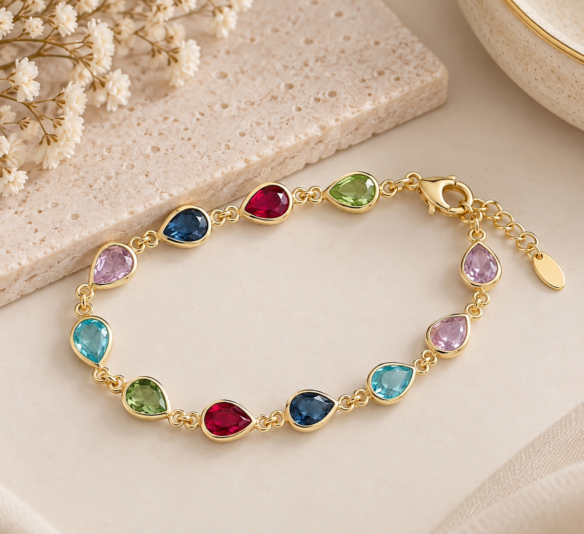 14K Gold Plated Multicolor Teardrop Stone Bracelet