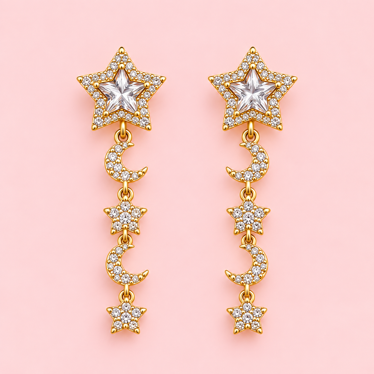 Crystal Star & Moon Drop Earrings – 14K Gold Plated