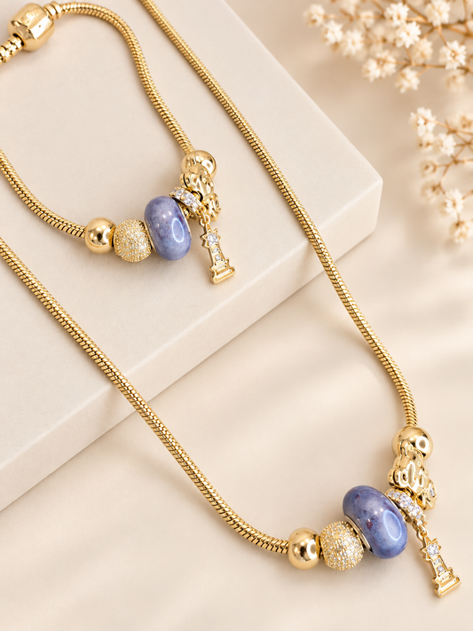 Purple Beaded Gold Charm Set Necklace and bracelet – 14K Gold Plated