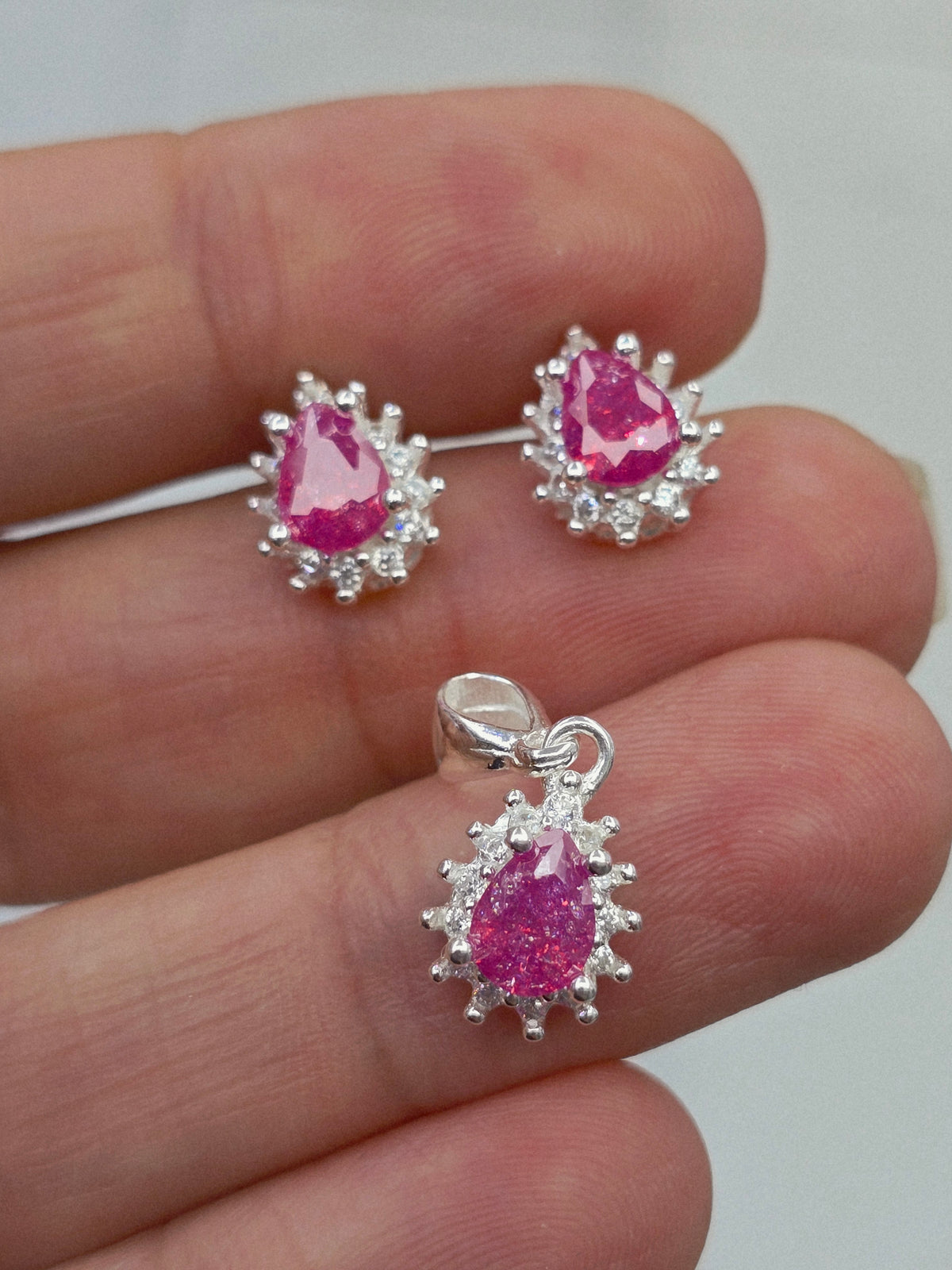 Set 925 sterling silver gemstone small necklace pendant and earrings cadena dije y aretes con piedra - Fui Fuiu Jewelry