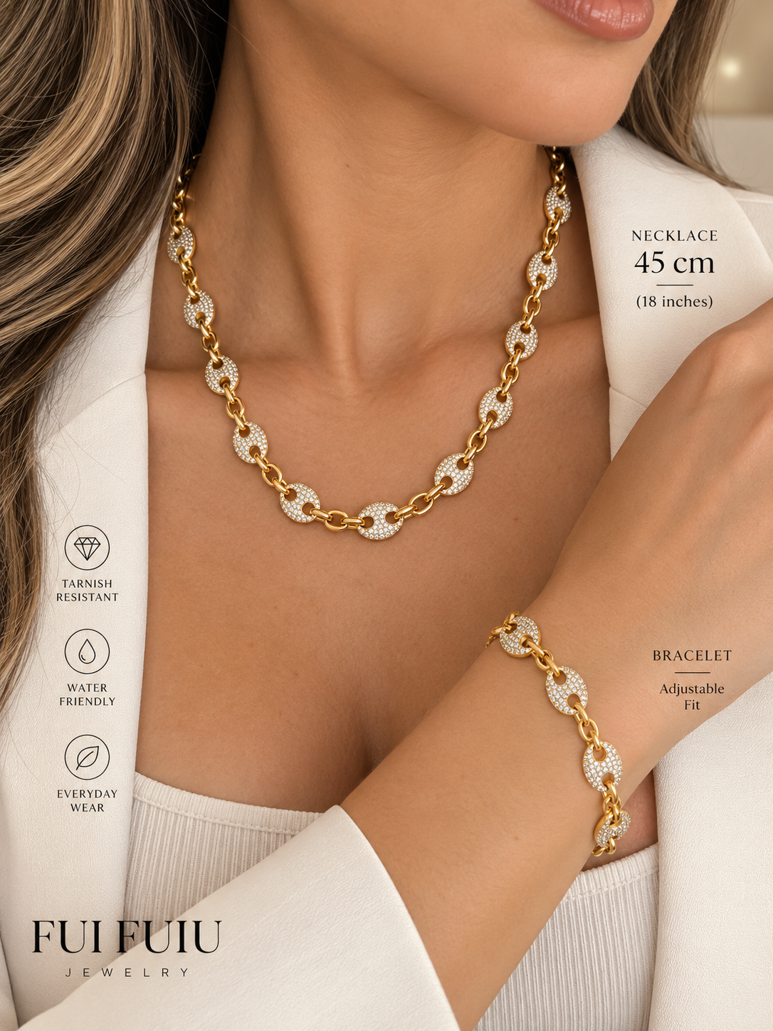 14K Gold Plated Pavé Link Jewelry Set – Necklace & Bracelet