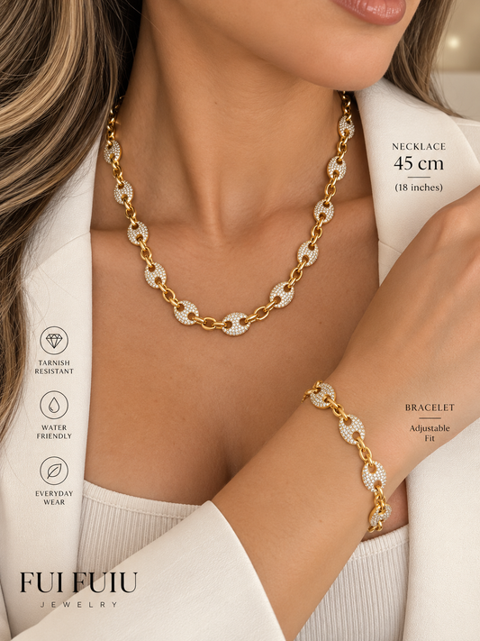 14K Gold Plated Pavé Link Jewelry Set – Necklace & Bracelet